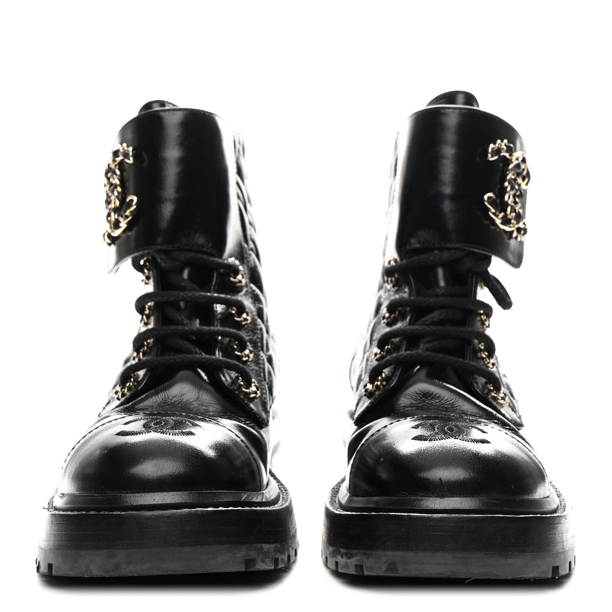 Shiny Calfskin Quilted Lace Up Combat Boots 36 Black