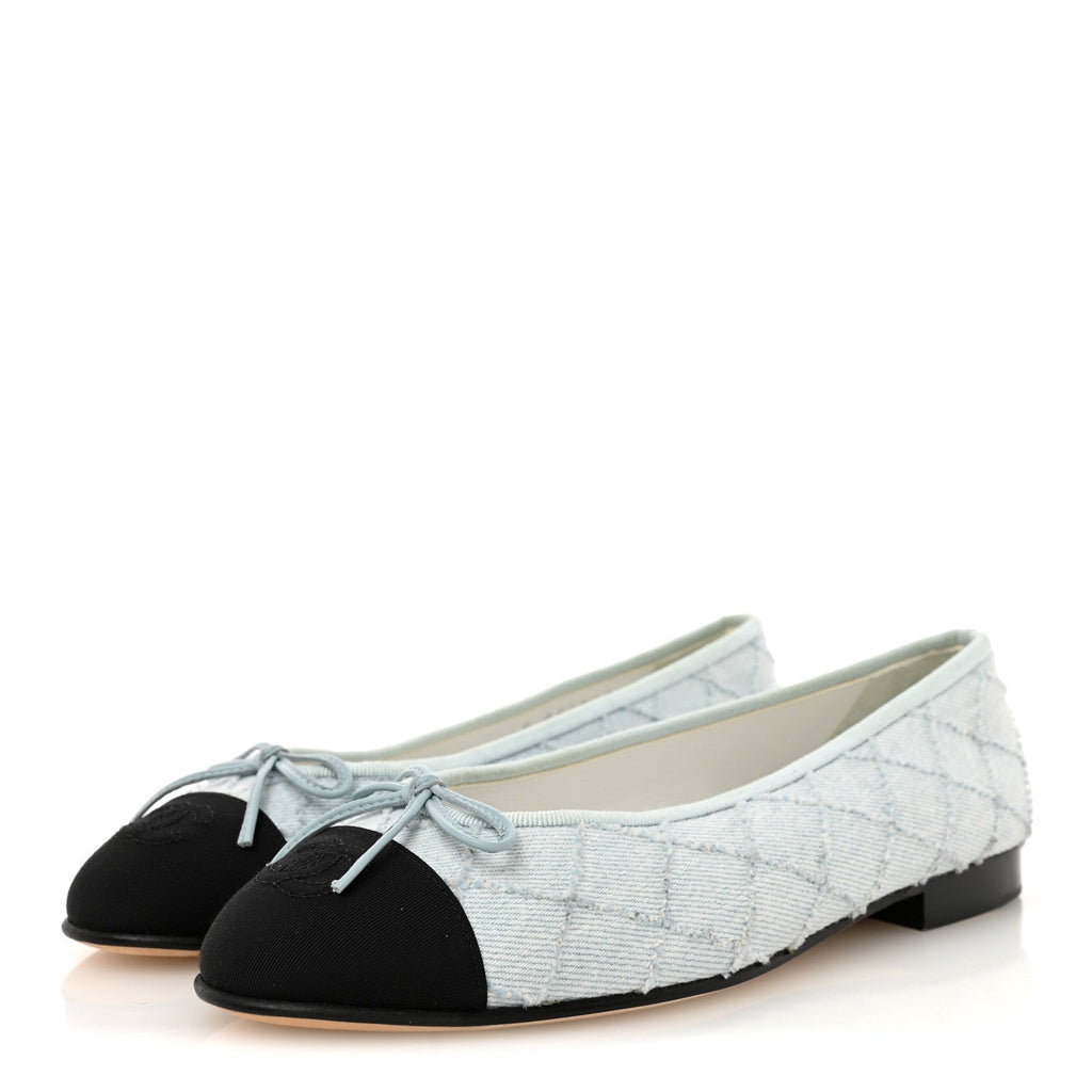 Denim Embroidered Grosgrain CC Cap Toe Ballerina Flats 37.5 Light Blue Black