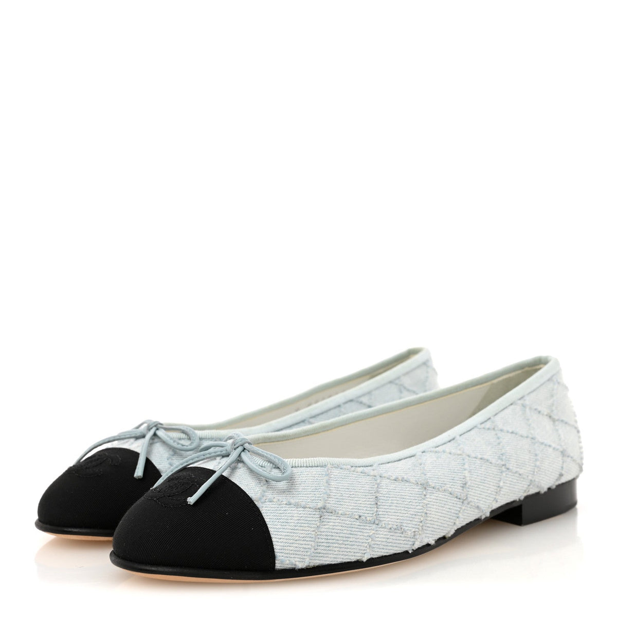Denim Embroidered Grosgrain CC Cap Toe Ballerina Flats 37.5 Light Blue Black