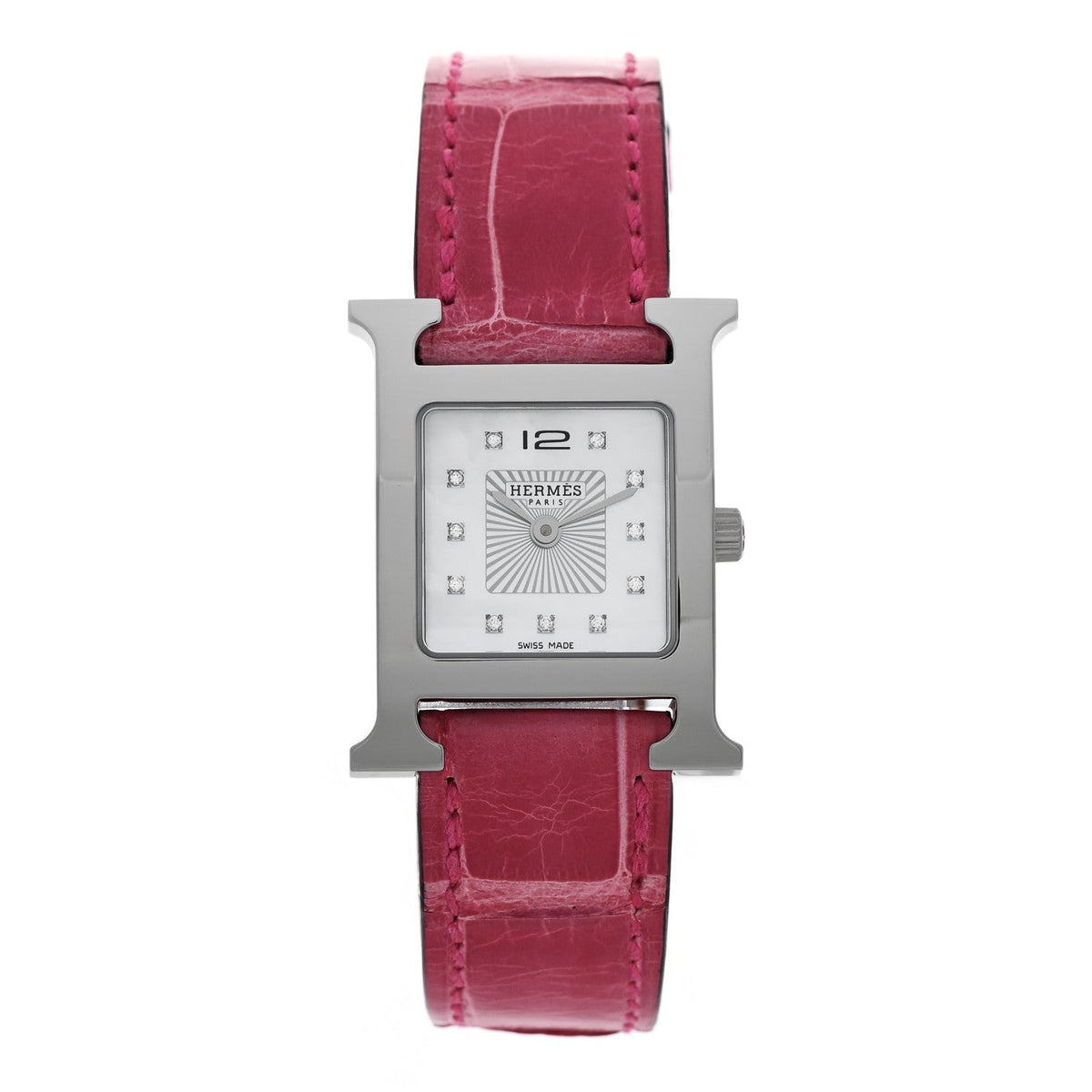 Stainless Steel Alligator Diamond Mother of Pearl 21mm Heure H Hour Quartz Watch Framboise