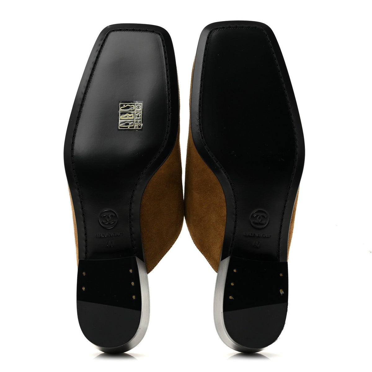 Suede Calfskin CC Turn Lock Mules 40 Dark Beige