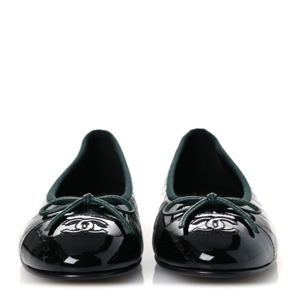 Crocodile Embossed Patent Calfskin Cap Toe CC Ballerina Flats 37.5 Dark Green Black