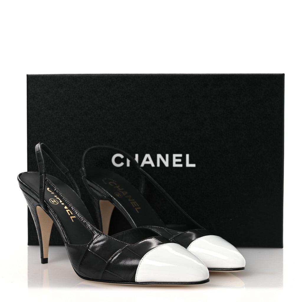 Patent Calfskin Crocodile Embossed Cap Toe CC Slingback Pumps 38.5 Dark Grey White