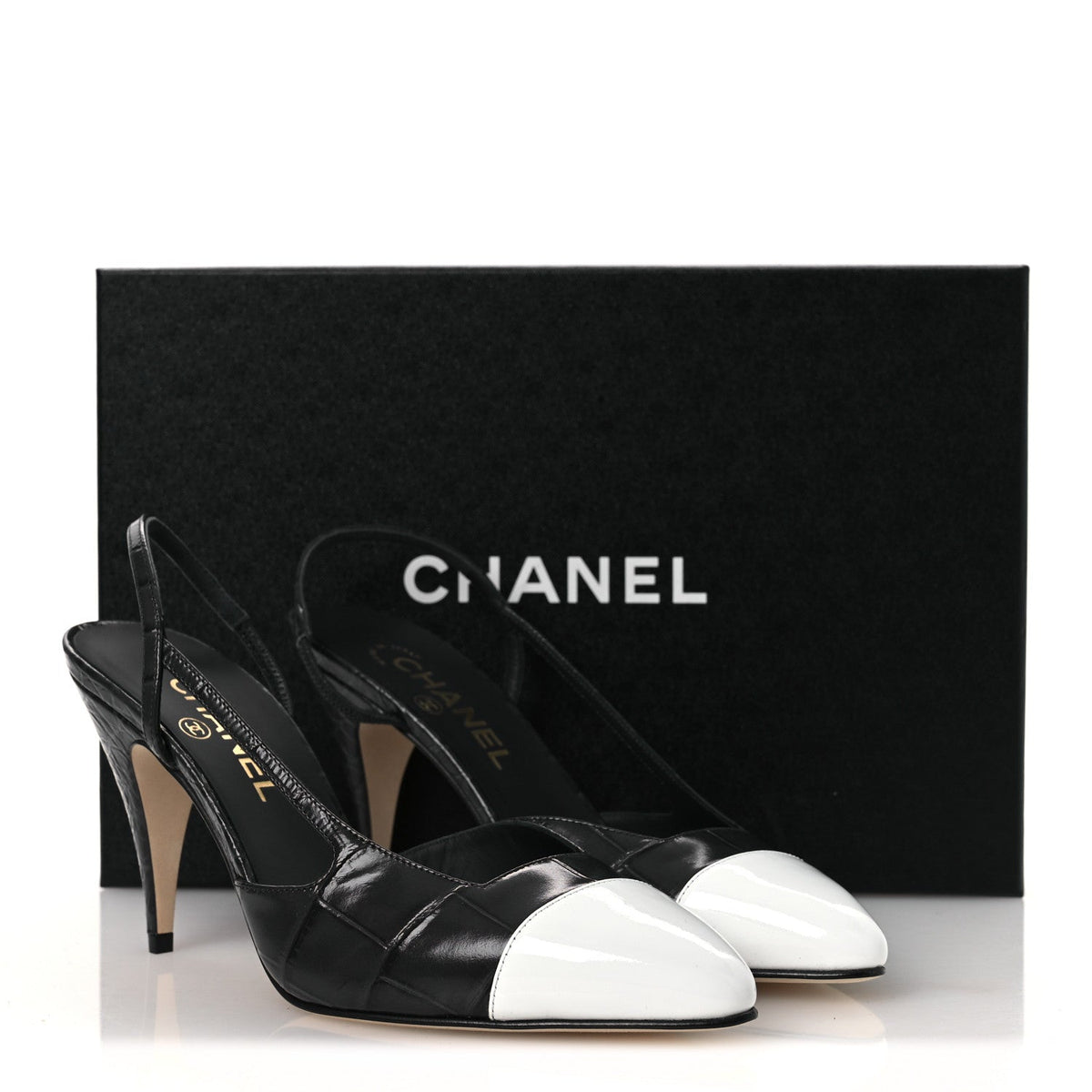 Patent Calfskin Crocodile Embossed Cap Toe CC Slingback Pumps 38.5 Dark Grey White