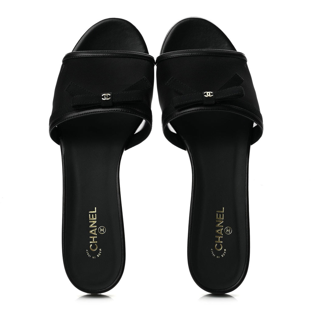 Mesh Lambskin CC Bow Mules 40 Black