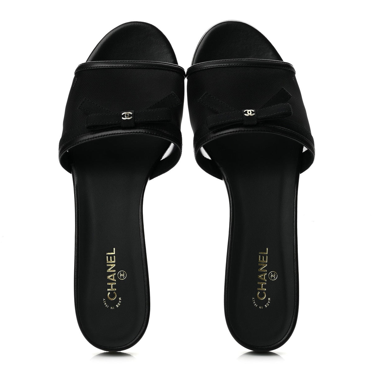 Mesh Lambskin CC Bow Mules 40 Black