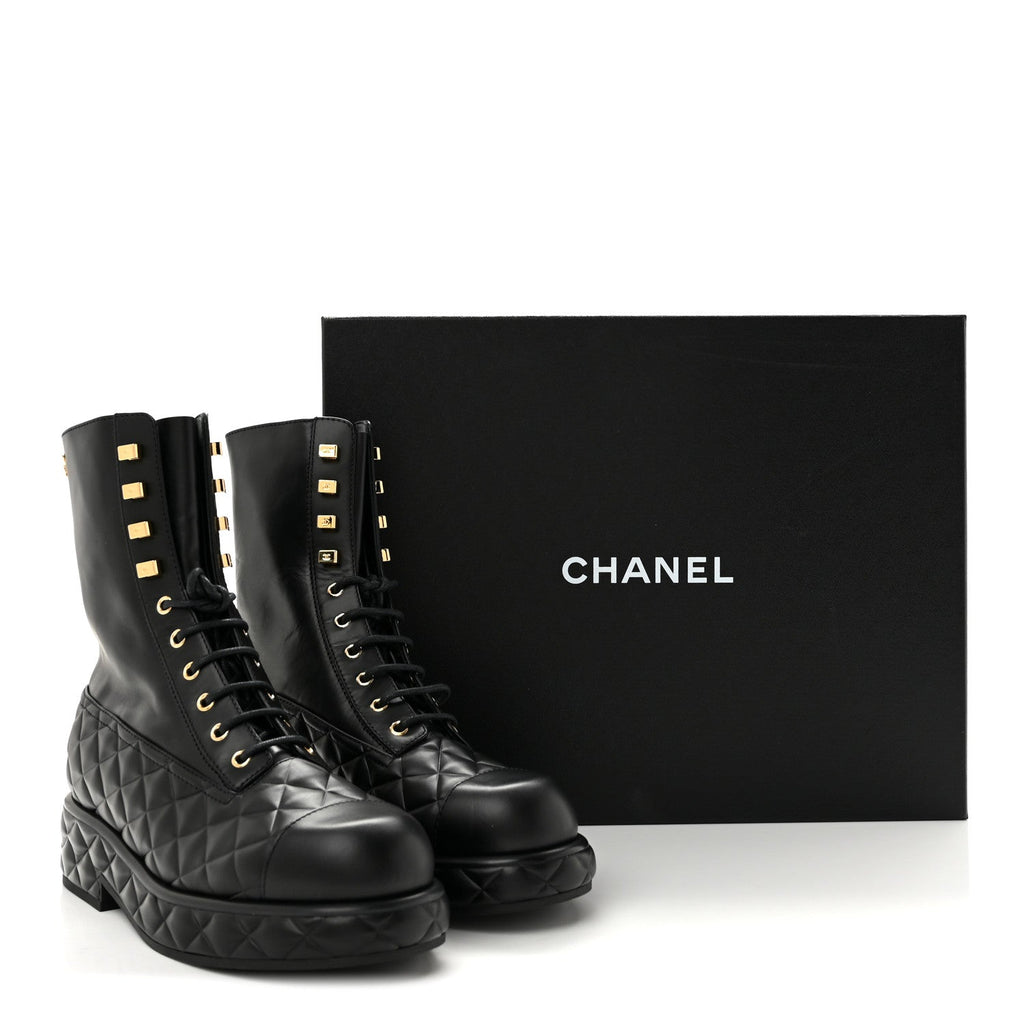 Calfskin Quilted Lace Up Combat Boots 38 Black