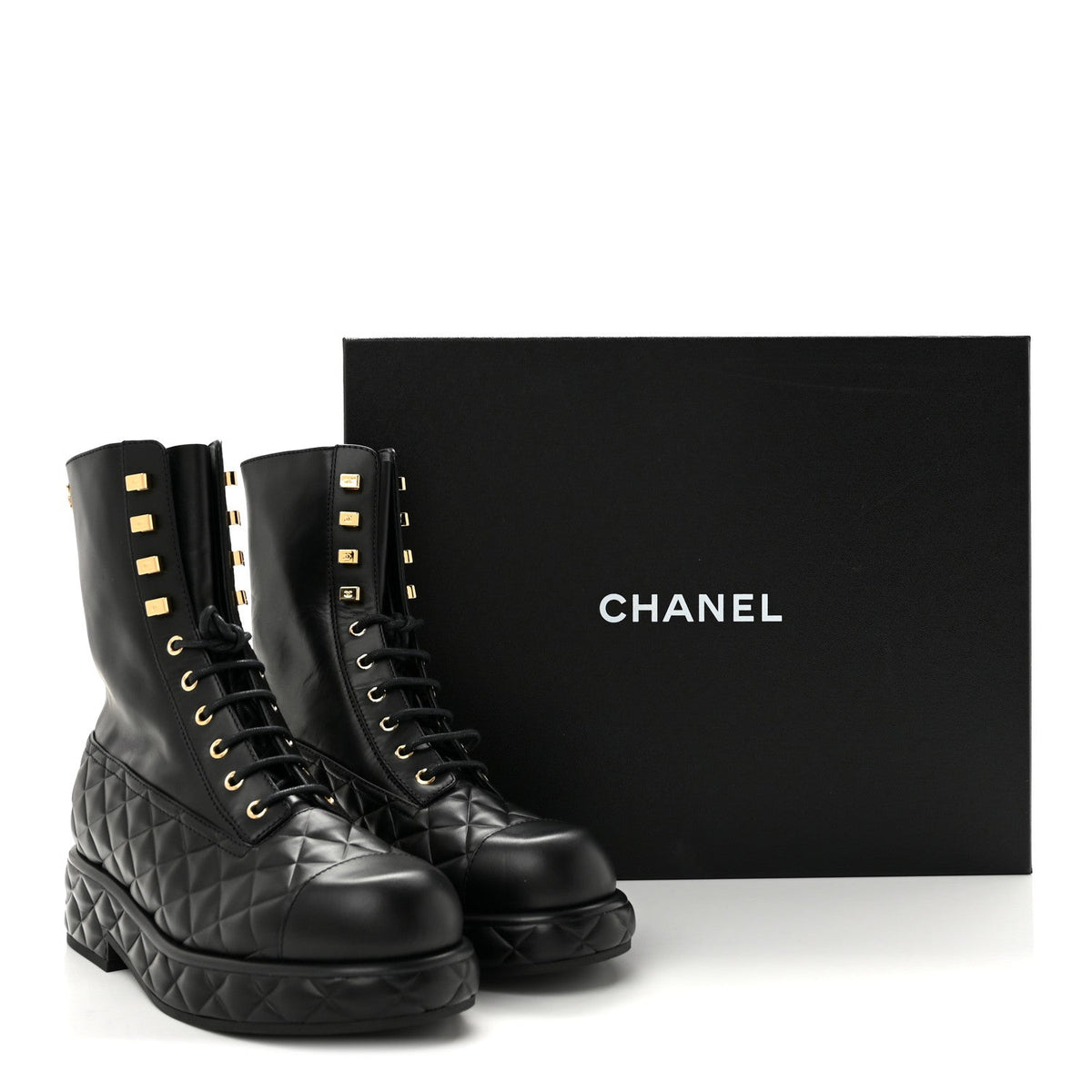 Calfskin Quilted Lace Up Combat Boots 38 Black