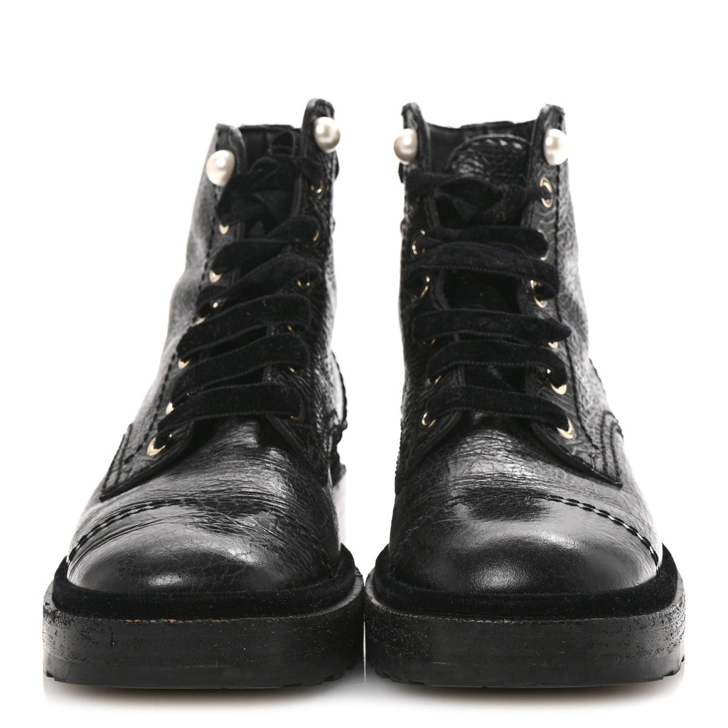 Shiny Calfskin Velvet Pearl Combat Short Boots 36 Black