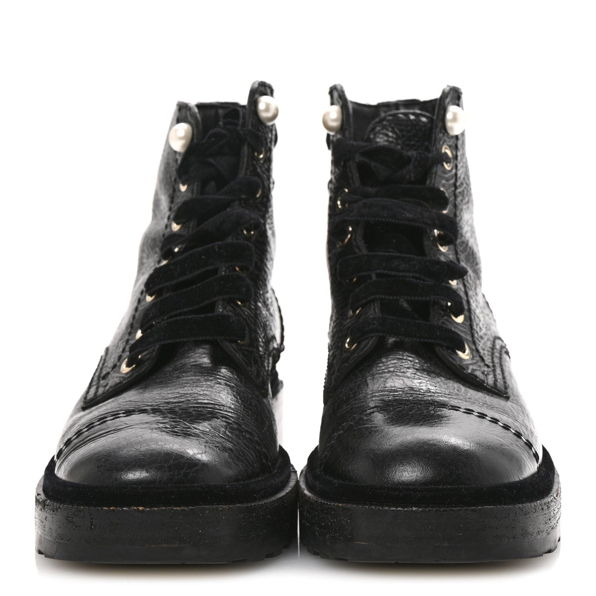 Shiny Calfskin Velvet Pearl Combat Short Boots 36 Black