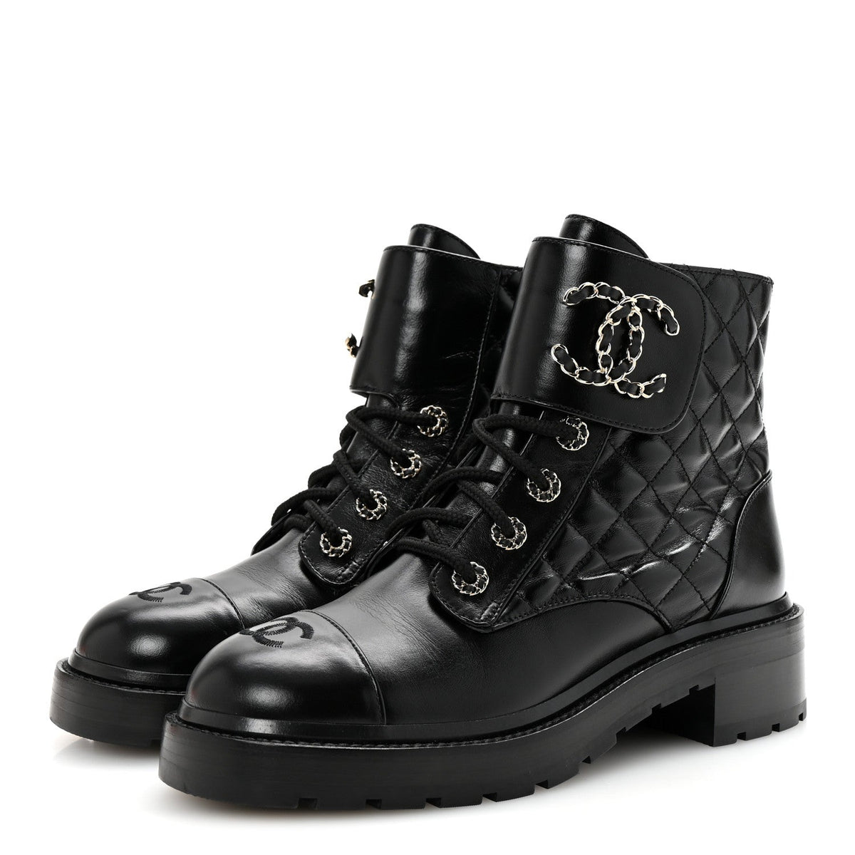Shiny Lambskin Quilted Lace Up Combat Boots 39 Black