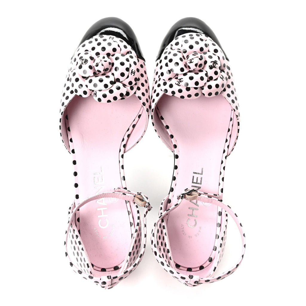 Lambskin Patent Calfskin Cap Toe Polka Dot Camellia Mary Jane Flats 36 Pink Black