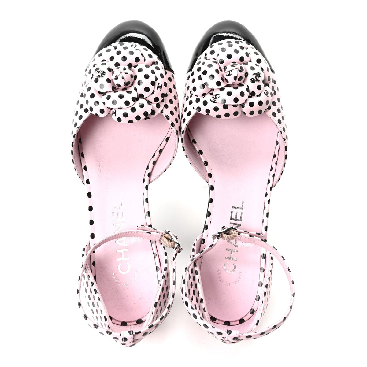Lambskin Patent Calfskin Cap Toe Polka Dot Camellia Mary Jane Flats 36 Pink Black