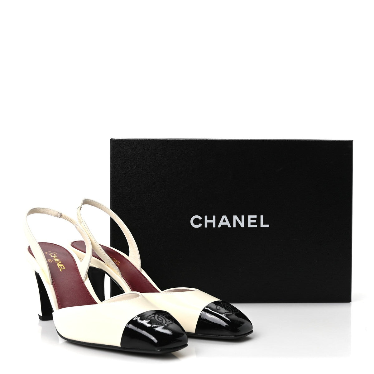 Lambskin Patent Calfskin Cap Toe CC Slingback Pumps 39.5 Ivory Black