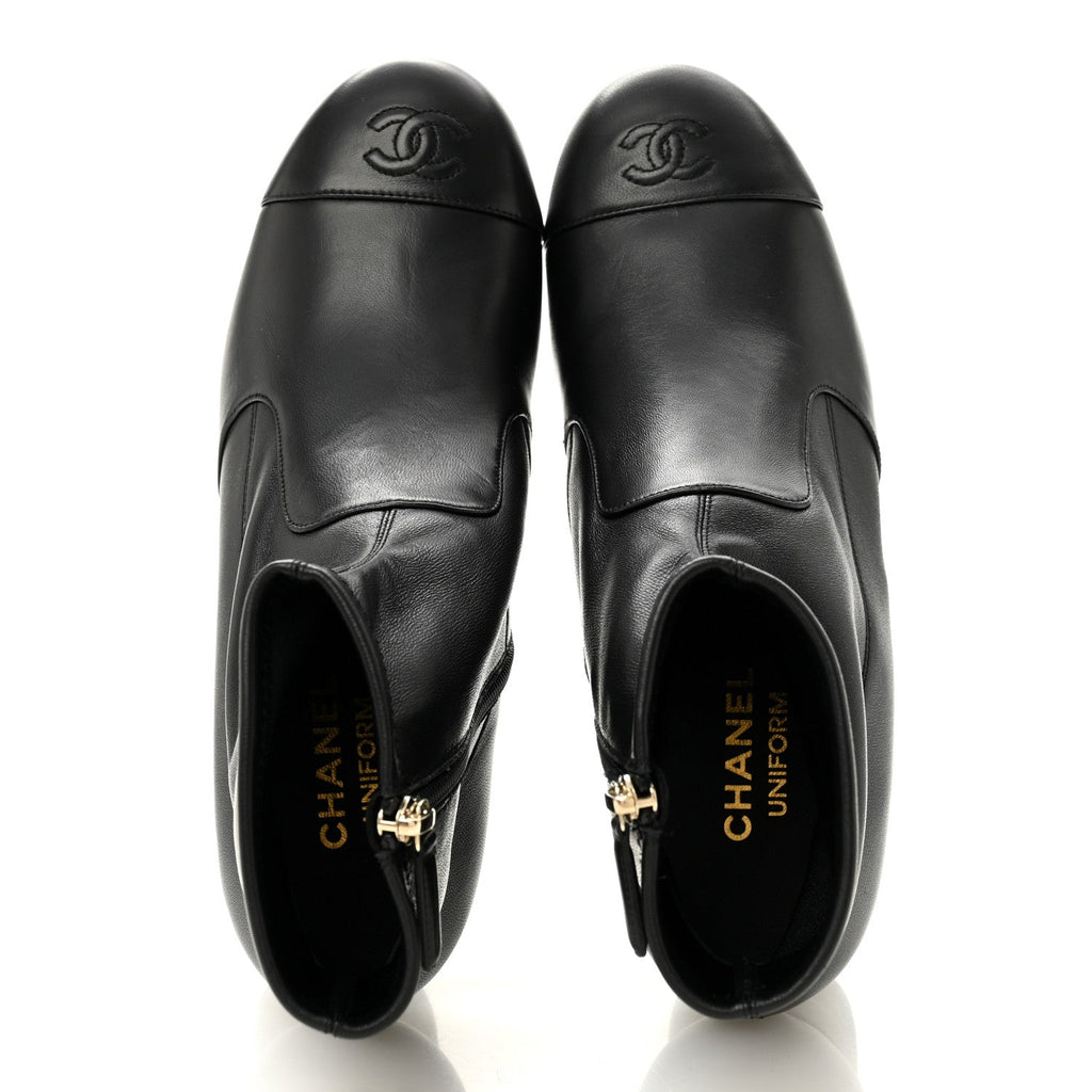 Stretch Lambskin Cap Toe CC Uniform Short Boots 40 Black