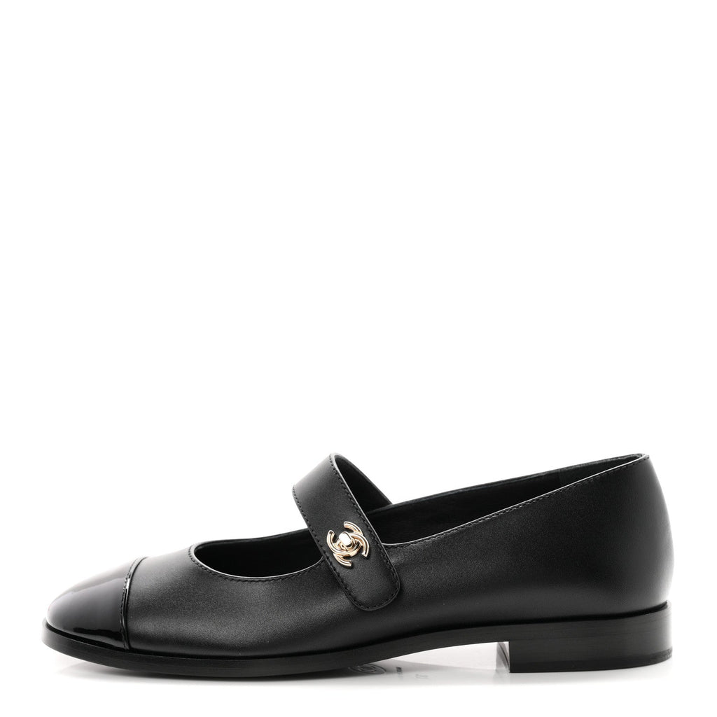 Calfskin Patent Mary Janes Flats 37 Black