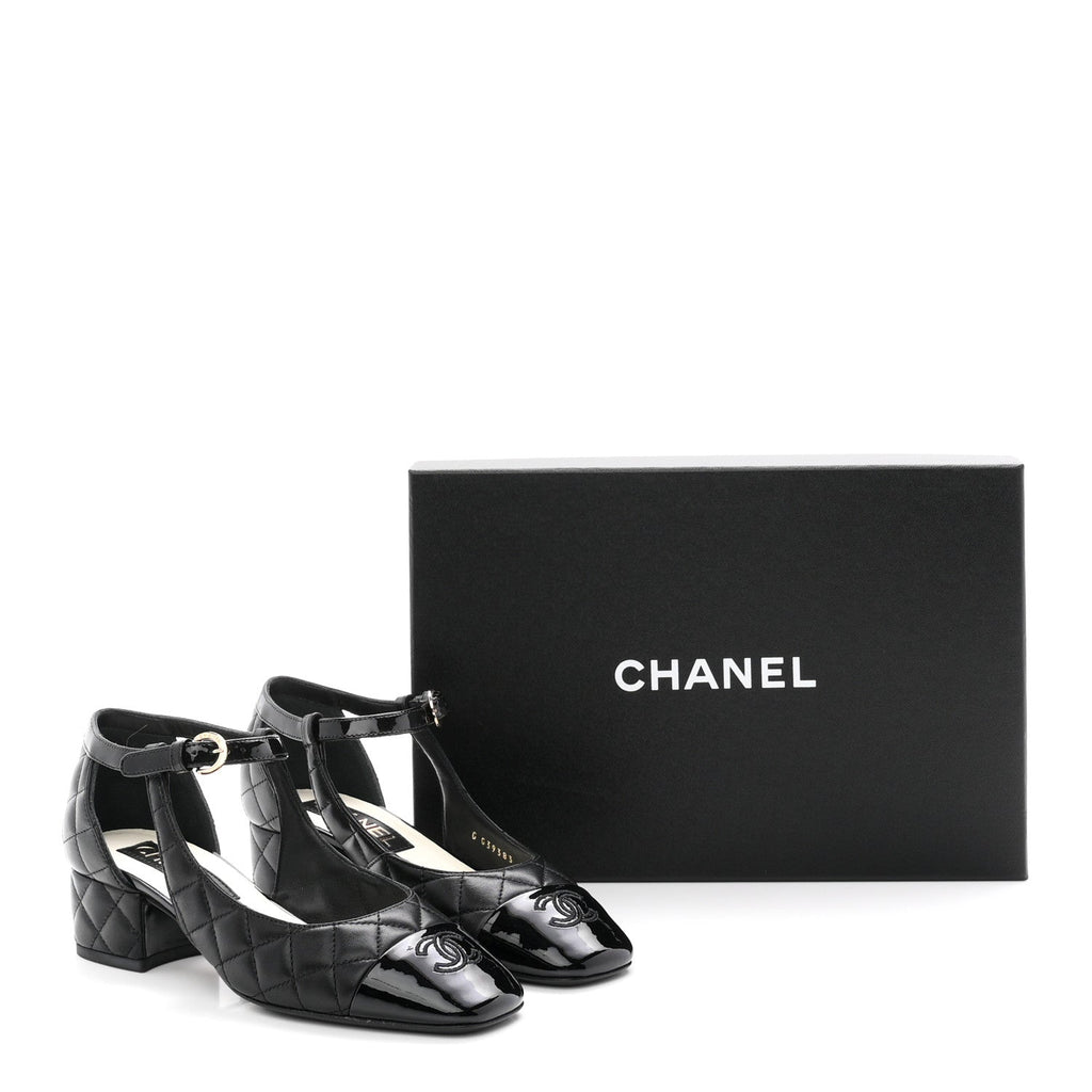 Lambskin Patent Quilted Cap Toe Mary Jane Flats 36 Black