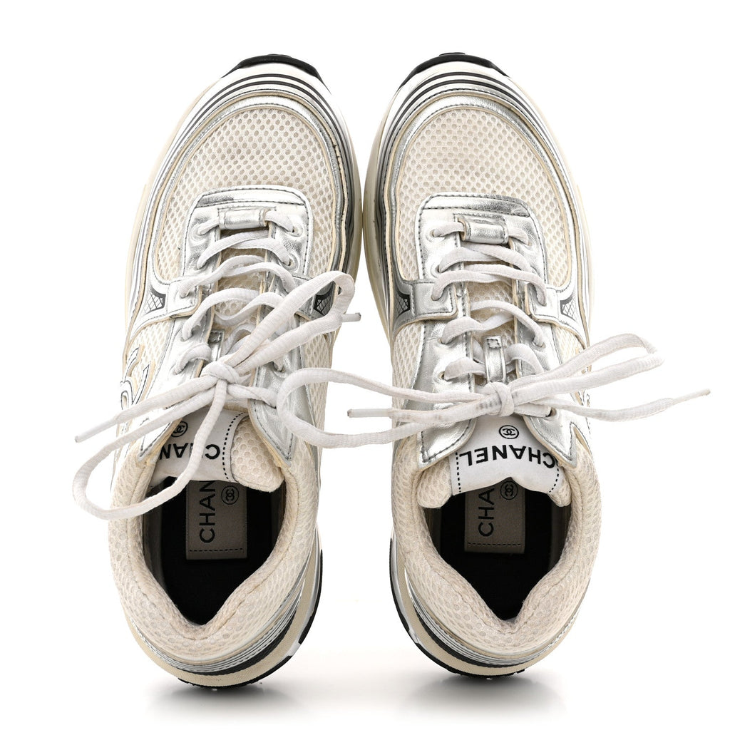 Fabric Laminated Calfskin Stretch CC Sneakers 36.5 White Silver