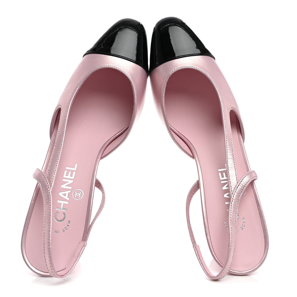 Laminated Lambskin Patent Cap Toe CC Slingback Pumps 39.5 Light Pink Black