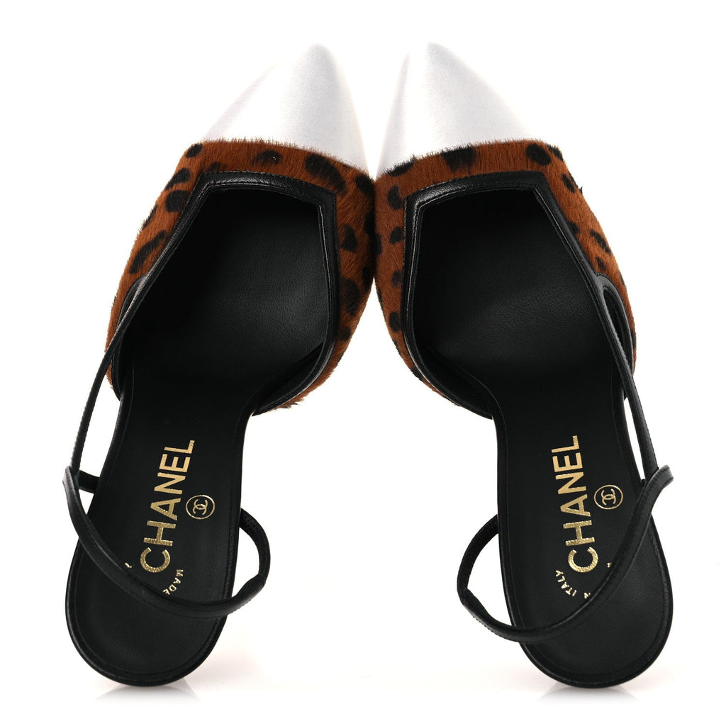 Lambskin Mixed Fibers Pony Hair Slingback Pumps 38 Brown Black White