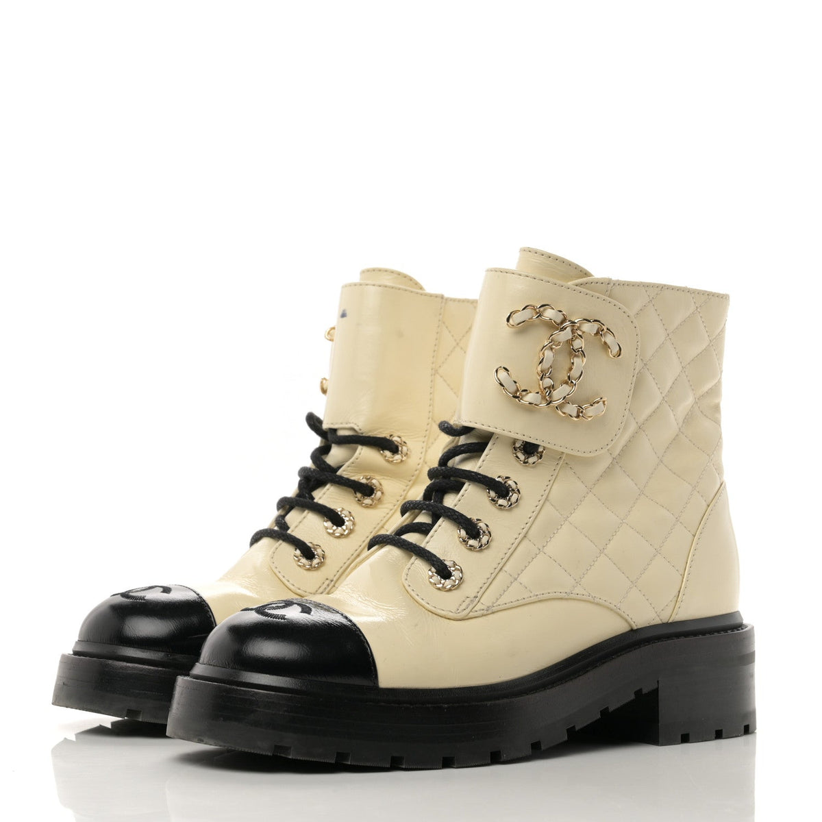 Shiny Goatskin Calfskin Quilted Lace Up Combat Boots 36 Ivory Black
