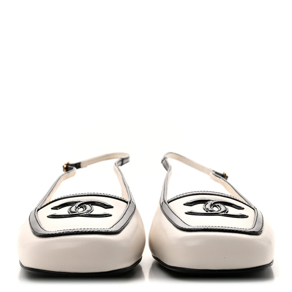 Lambskin Patent Calfskin Cap Toe CC Slingback Pumps 39 Ivory Black