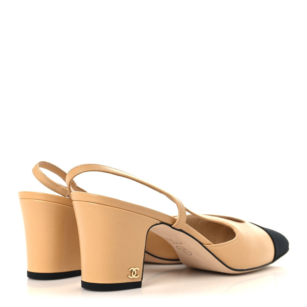 Goatskin Grosgrain Cap Toe CC Slingback Pumps 40.5 Beige Black
