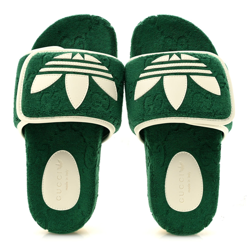 X ADIDAS Terry Cloth Trefoil GG Monogram Womens Platform Sandals 36 Green Off White