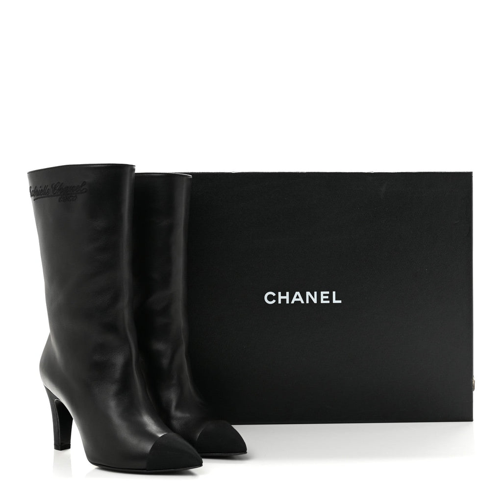Lambskin Grosgrain Cap Toe Short Boots 35.5 Black