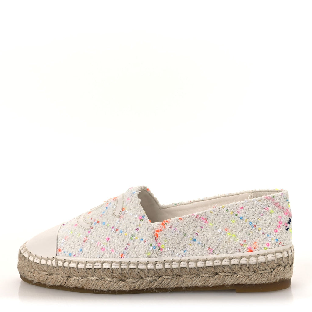 Glittered Tweed Lambskin CC Espadrilles 36  White Multicolor