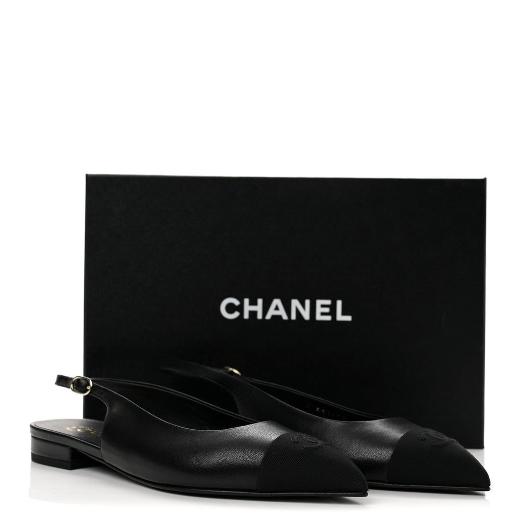 Goatskin Grosgrain Pointed Toe CC Slingback Flats 39 Black
