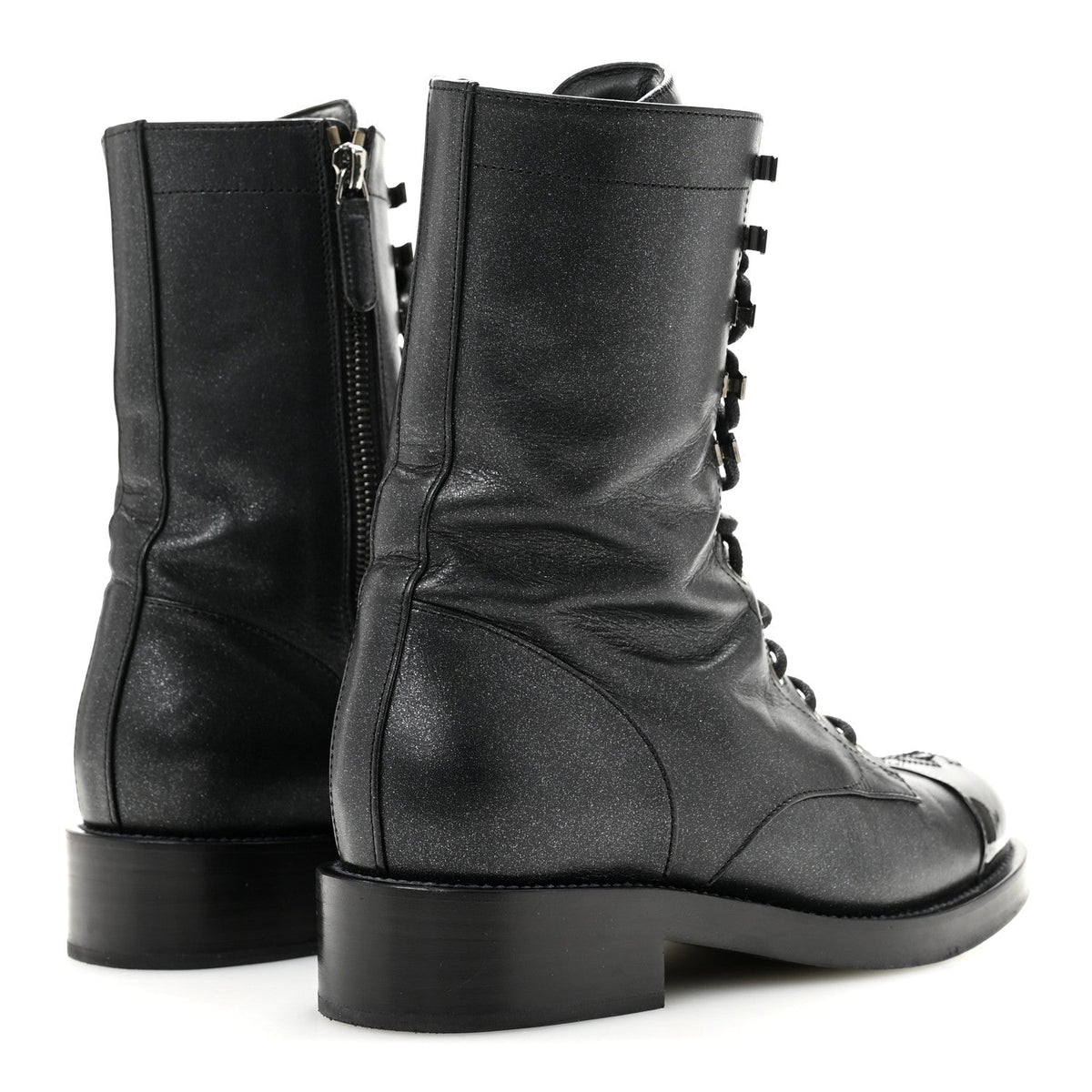 Iridescent Calfskin Patent Cap Toe Lace Up Combat Boots 38 Black