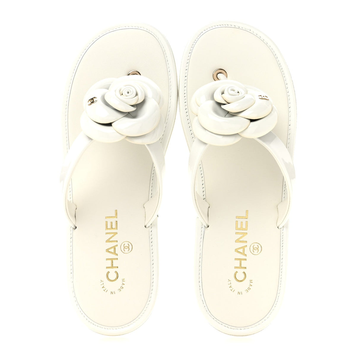 Patent Calfskin Camellia Thong Sandals 37.5 White