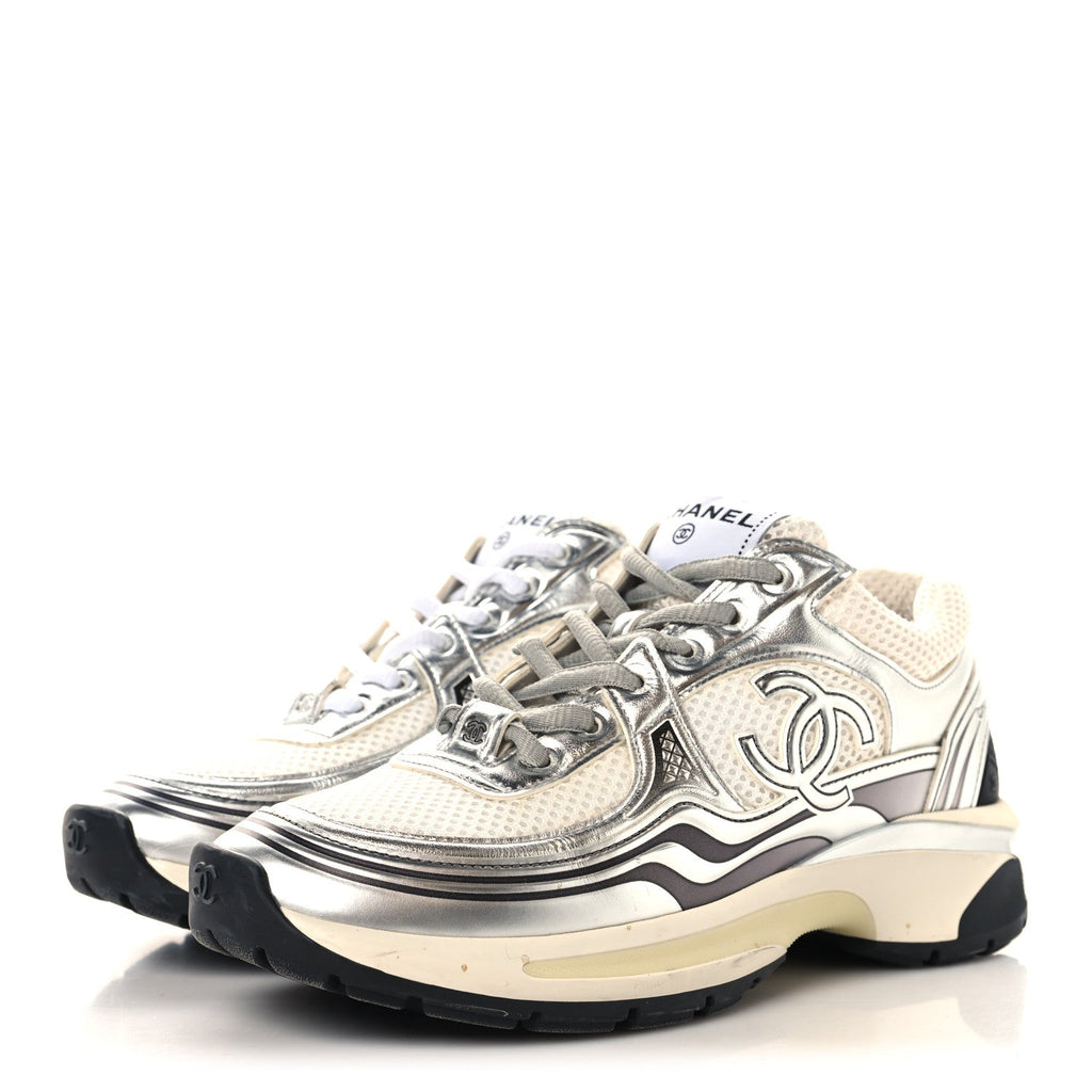 Fabric Laminated Calfskin Stretch CC Womens Sneakers 36 White Silver