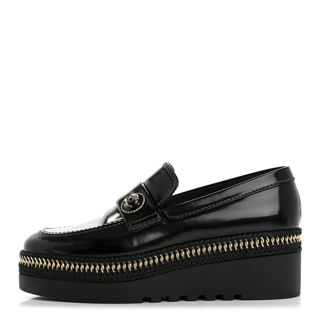 Shiny Calfskin Platform Loafers 37 Black