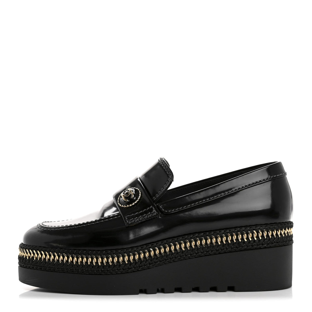 Shiny Calfskin Platform Loafers 37 Black