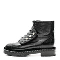 Crackled Calfskin Velvet Pearl Combat Short Boots 38 Black
