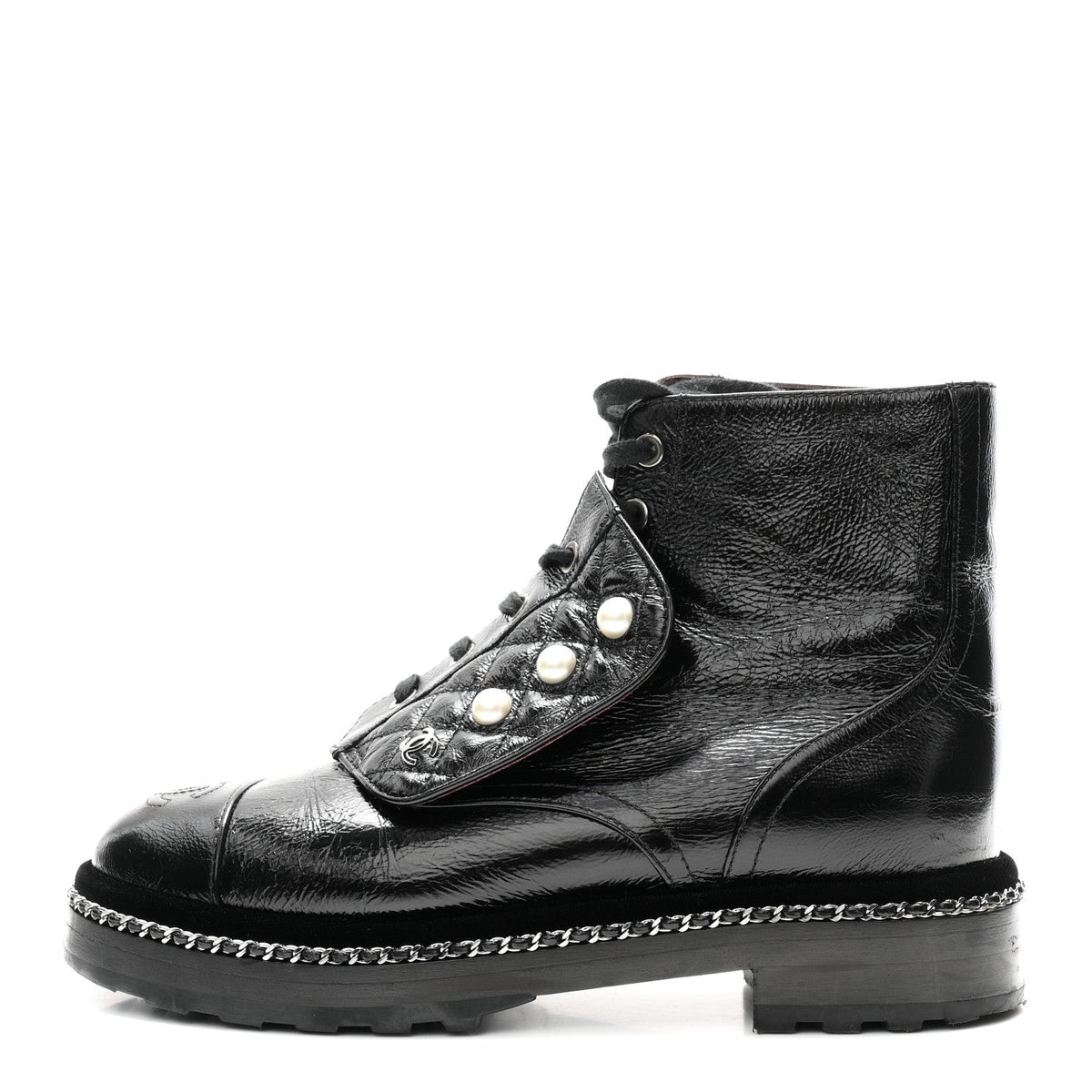 Crackled Calfskin Velvet Pearl Combat Short Boots 38 Black