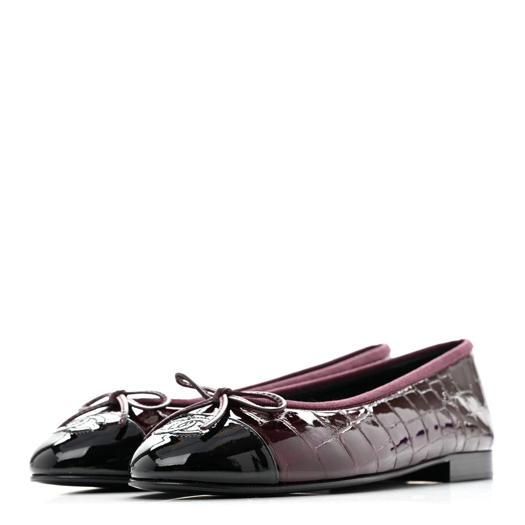 Patent Calfskin Crocodile Embossed Ballerina Flats 37 Dark Burgundy Black