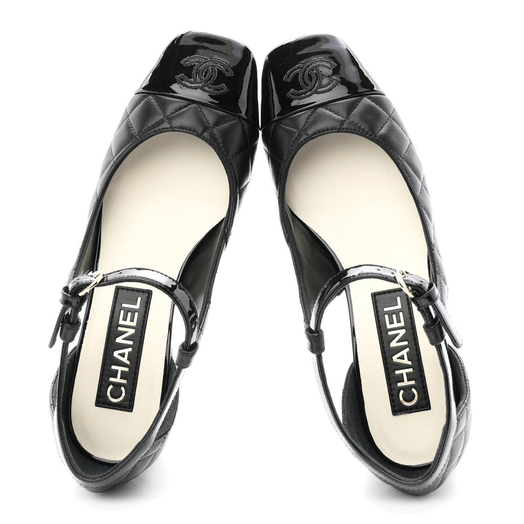 Lambskin Patent Quilted Cap Toe Mary Jane Flats 36 Black