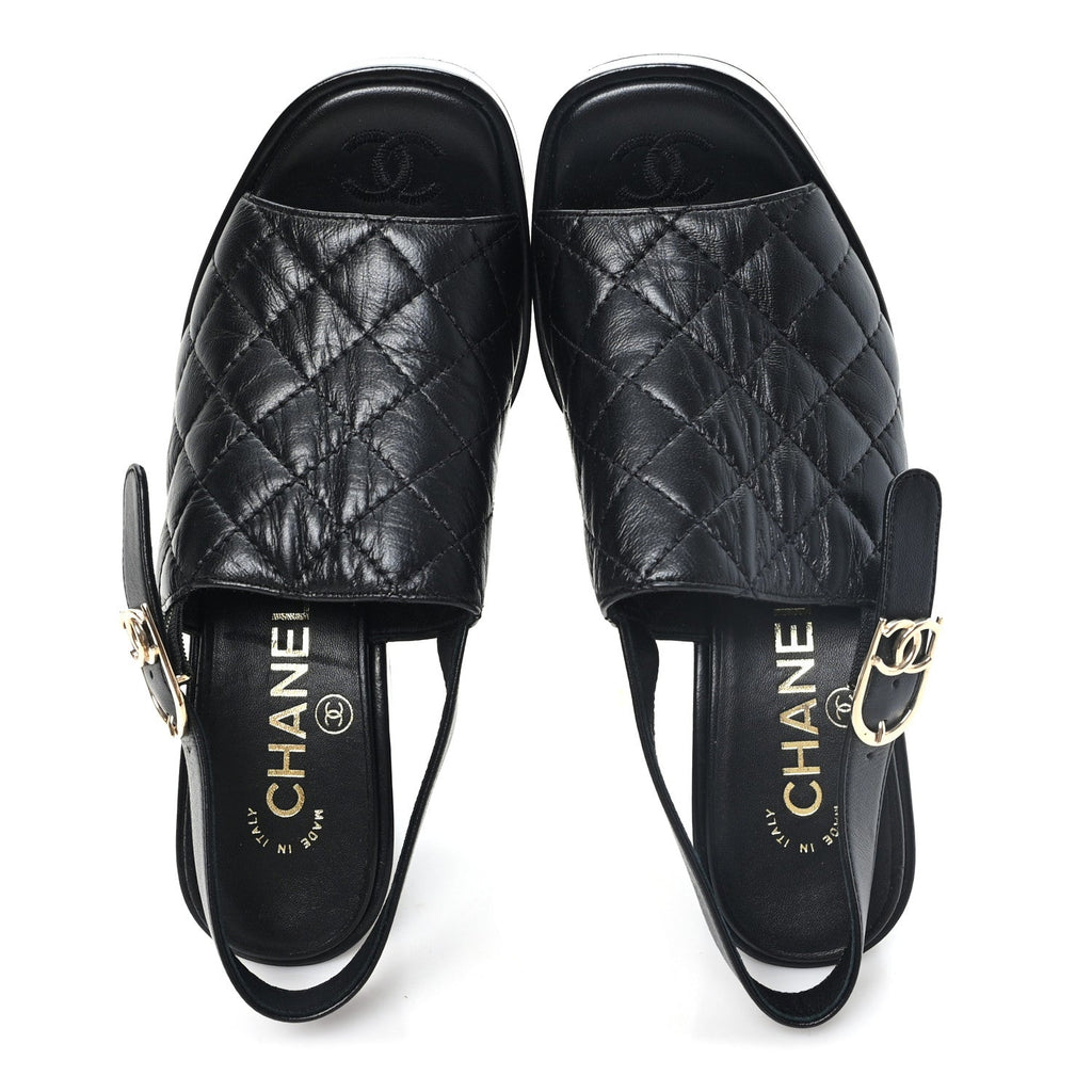 Lambskin Quilted Peep Toe Wedge Sandals 38 Black
