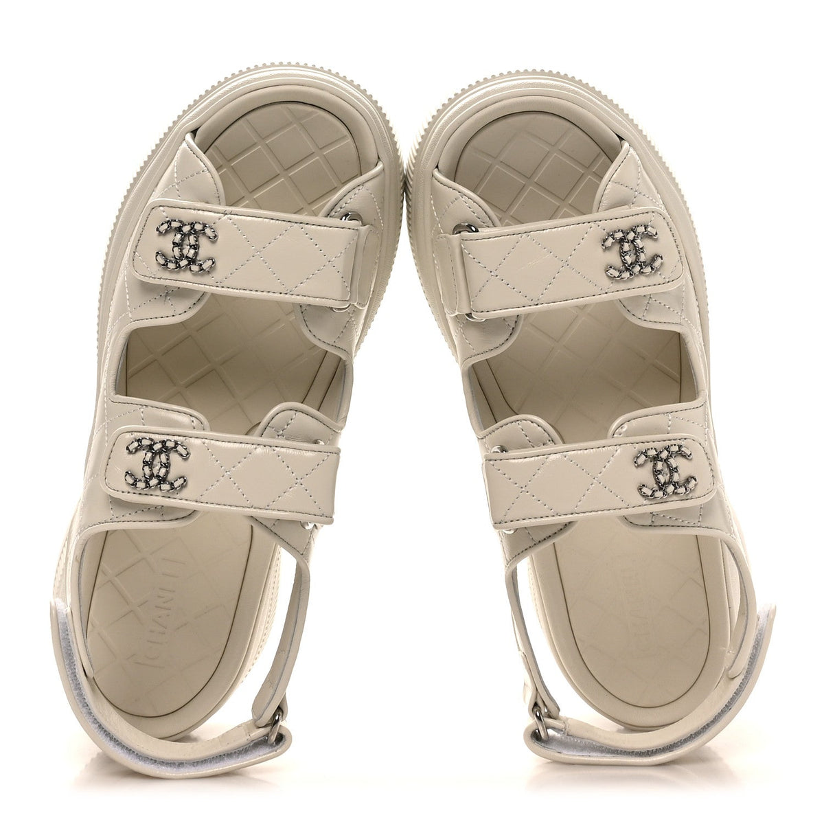 Shiny Calfskin Chain CC Velcro Dad Platform Sandals 39.5 White