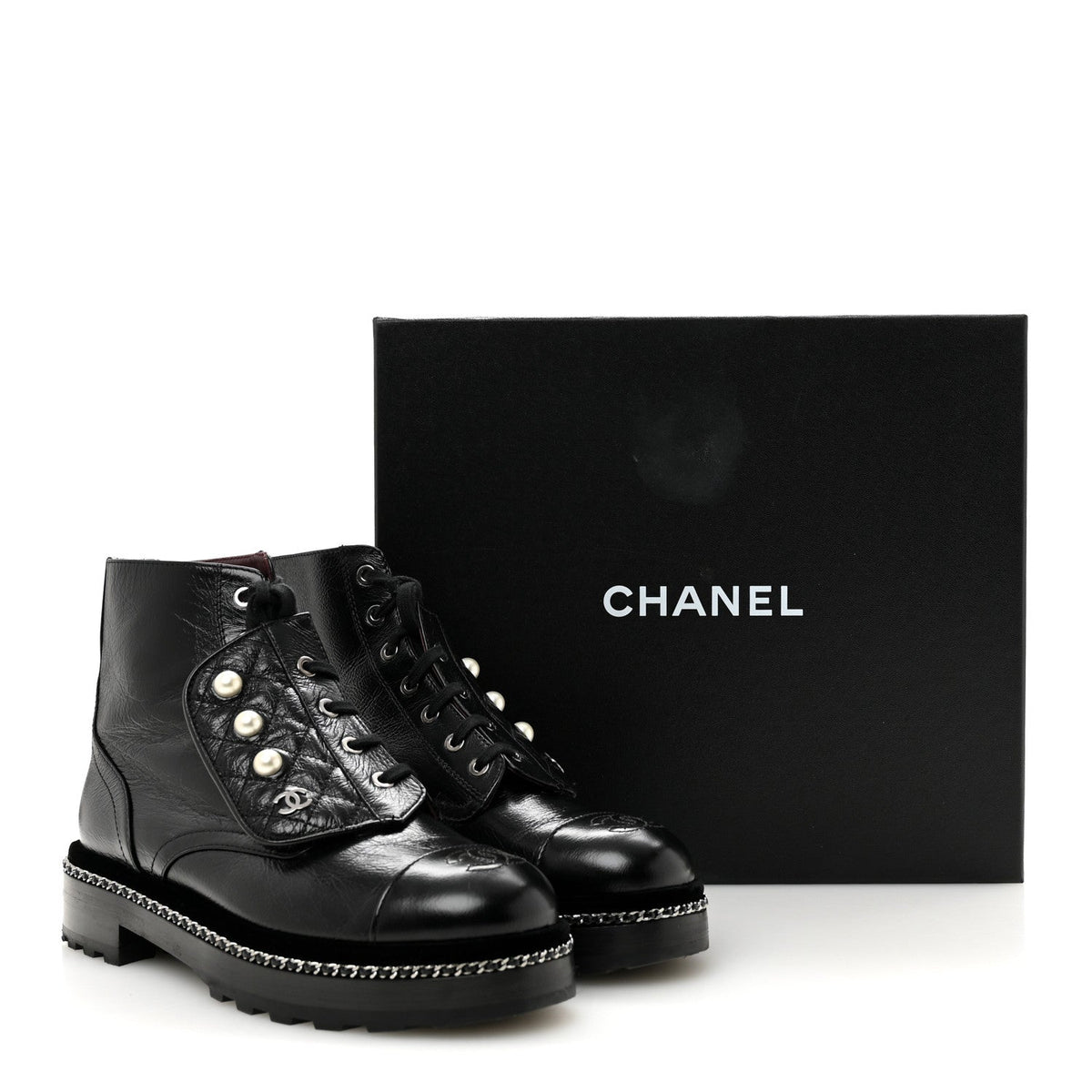 Crackled Calfskin Velvet Pearl Combat Short Boots 38.5 Black