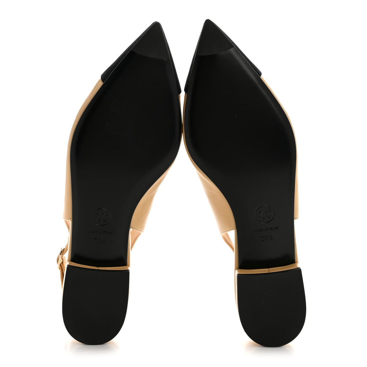 Goatskin Grosgrain Pointed Toe CC Slingback Flats 37.5 Beige Black