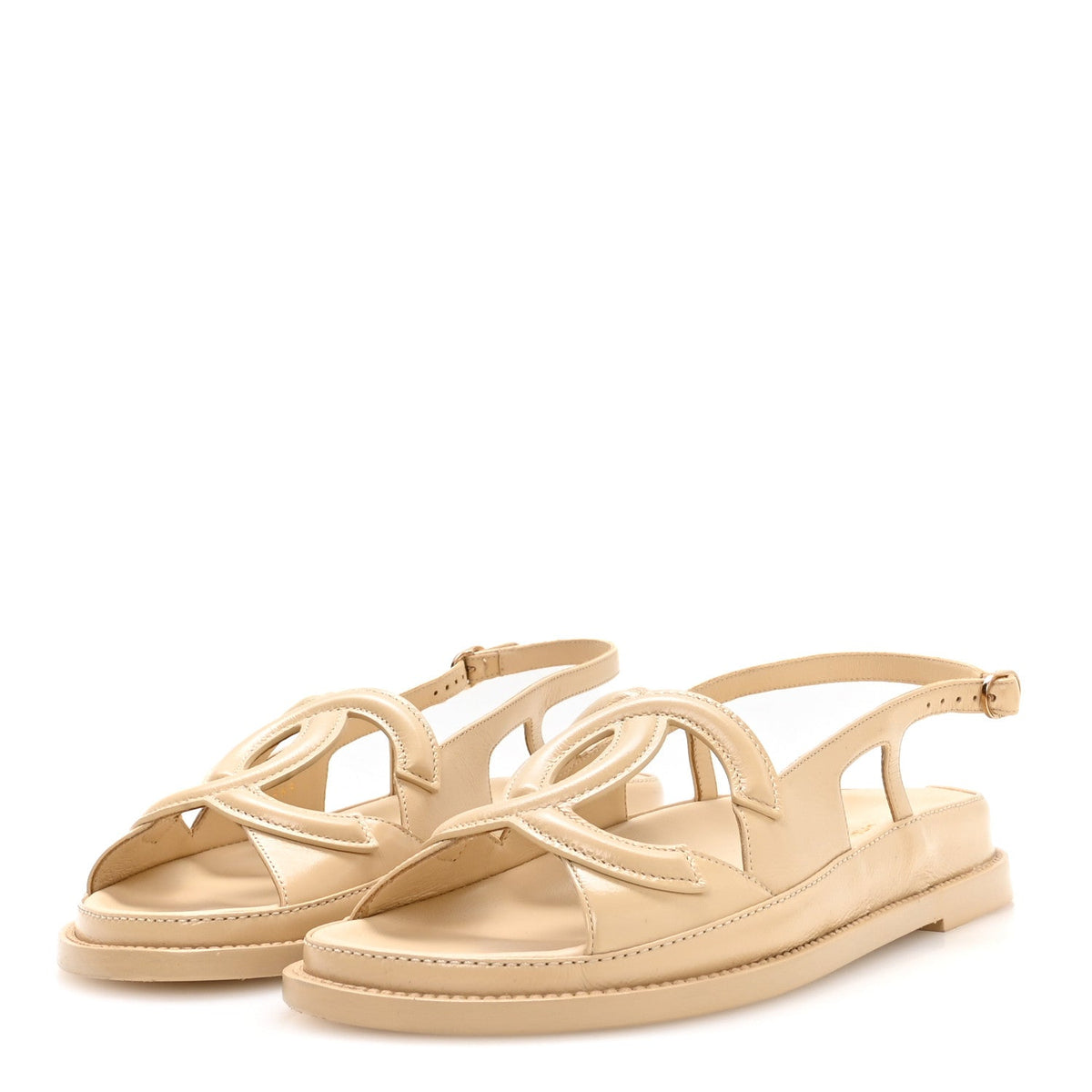 Crumpled Shiny Lambskin CC Cut Out Dad Sandals 39 Beige
