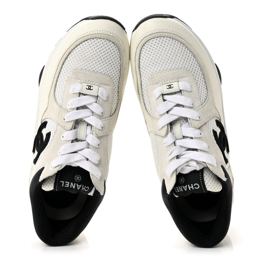 Mesh Suede Grained Calfskin Womens CC Sneakers 39 White Black