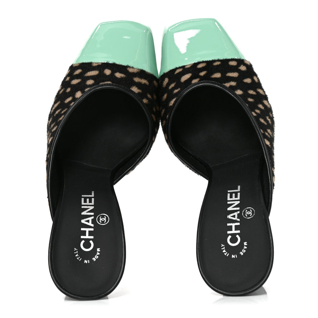 Pony Hair Lambskin Patent Calfskin Cap Toe Mules 39 Black White Green