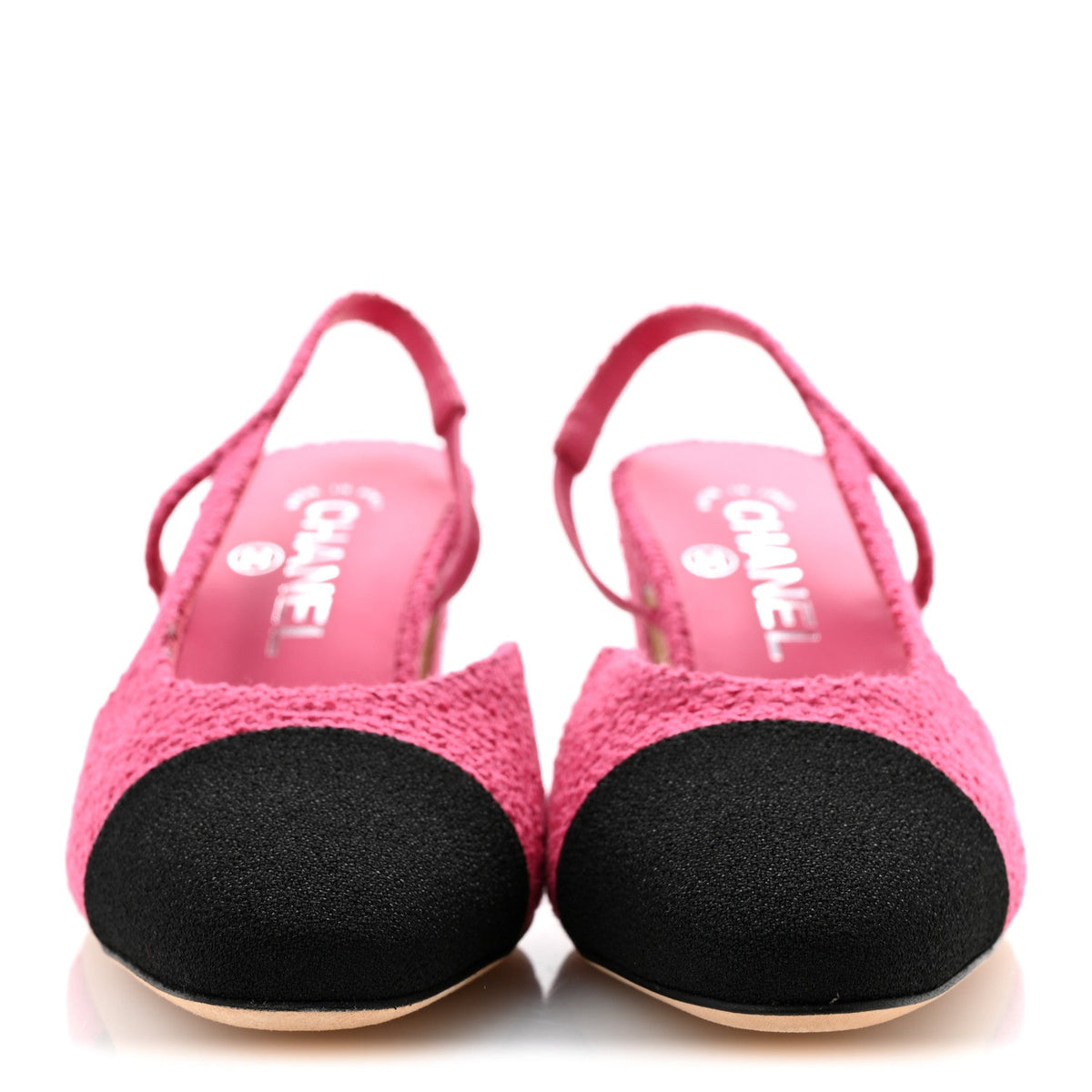 Tweed Grosgrain Cap Toe CC Slingback Pumps 37 Pink Black