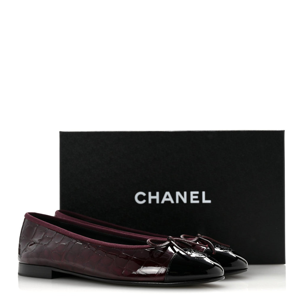 Patent Calfskin Crocodile Embossed Ballerina Flats 37 Dark Burgundy Black