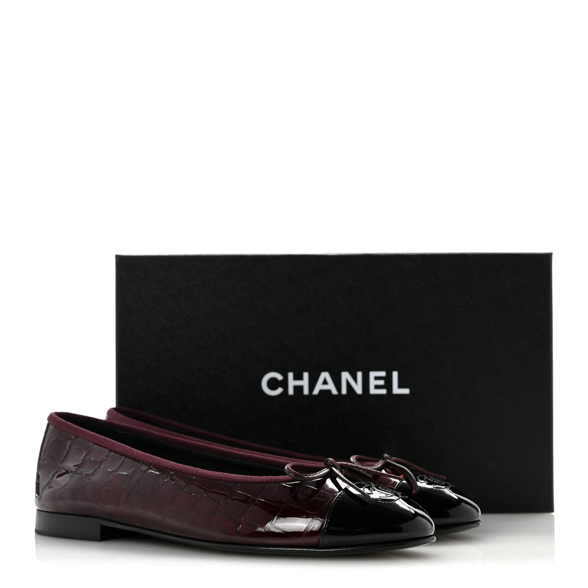 Patent Calfskin Crocodile Embossed Ballerina Flats 37 Dark Burgundy Black